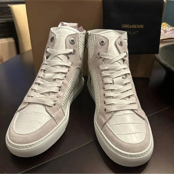 NIB Zadig & Voltaire High Flash Keith Leather Sneaker White Snake Croc Suede 38 - Picture 11 of 13